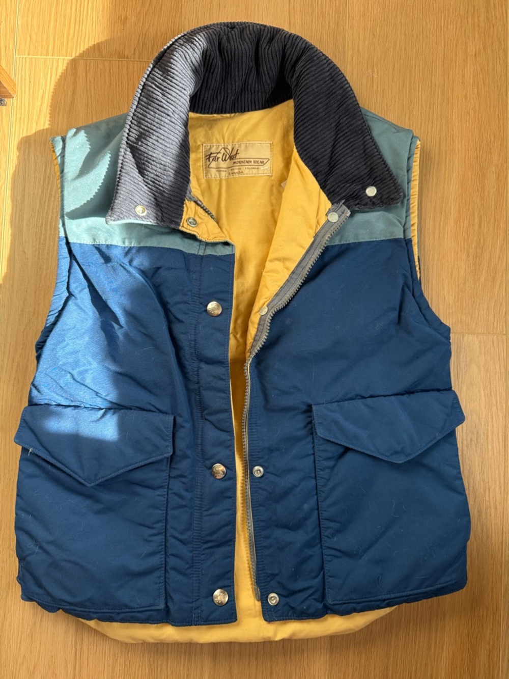 Women’s Vintage Quilted Vest in royal blue, sky blue & light yellow
